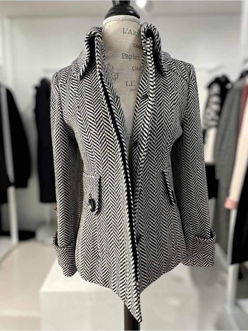 Vintage Herringbone Wool Blend Pea Coat Black and White - Size S